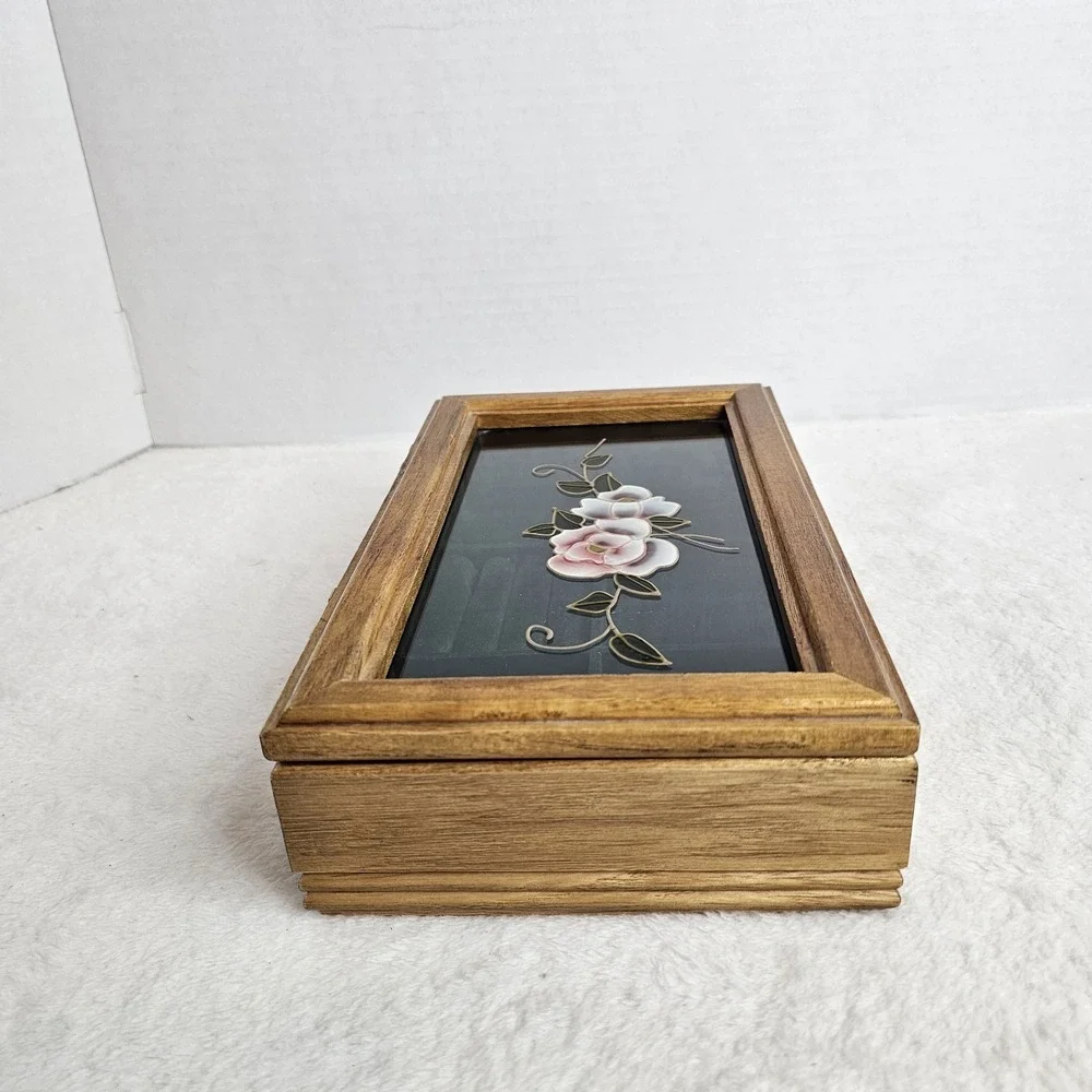Vintage Wooden And Glass Hand Painted Jewlery Box